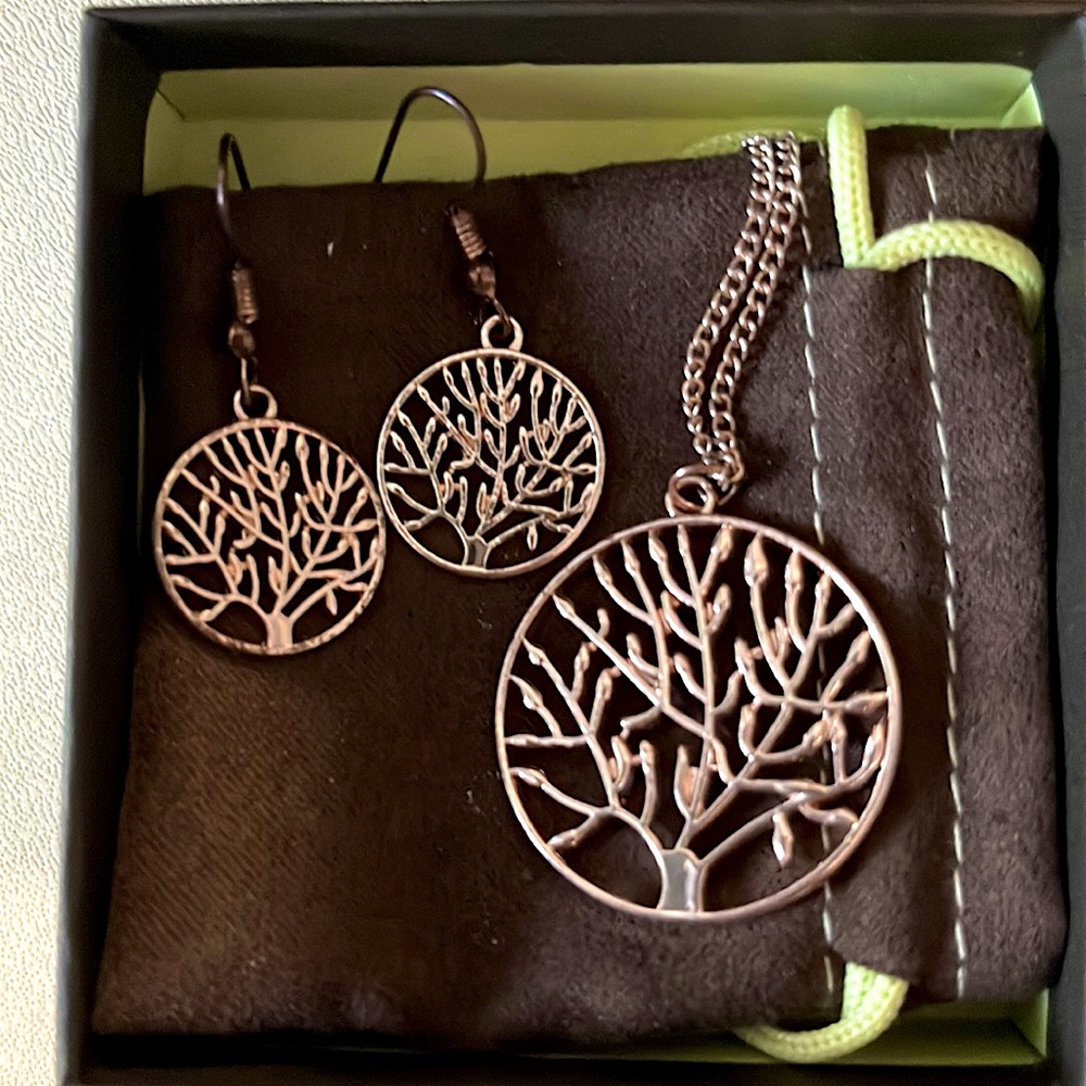 Tree of Life Dangle Earrings and Pendant Jewelry Set Rose Gold Tone